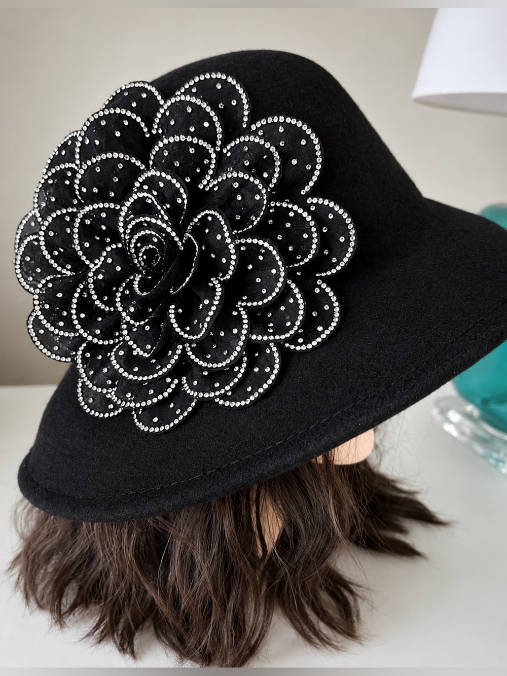 Bling Studded Flower Felt Bucket Hat